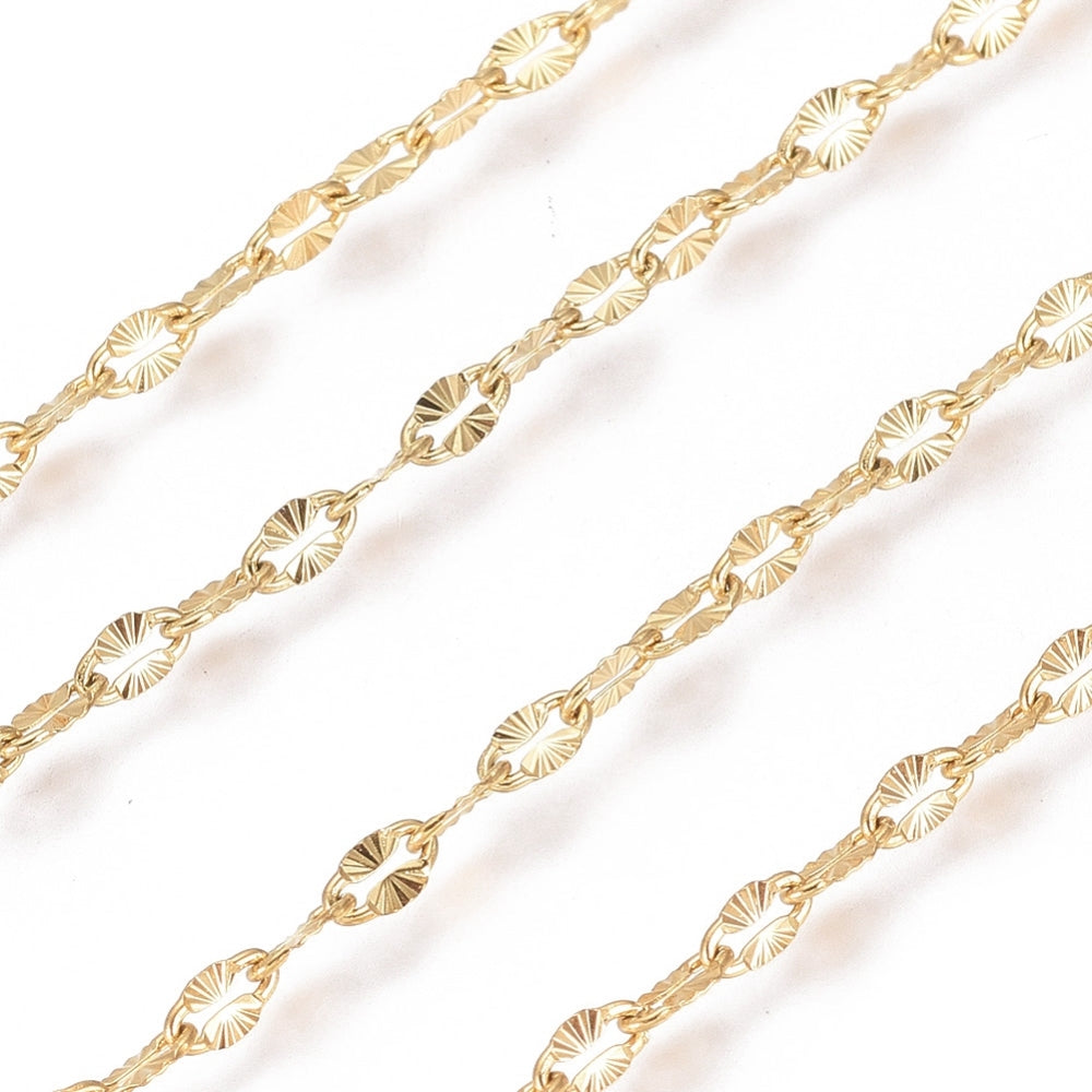 Ion Plating(IP) 304 Stainless Steel Textured Dapped Chains, Cable Chains, Soldered, Flat Oval, 10 M