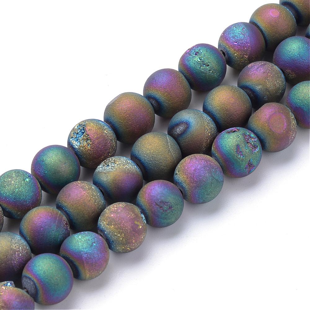 Electroplated Natural Druzy Geode Agate Bead Strands, Matte Style, Round, Multi-color Plated 8mm