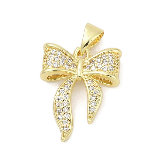 Brass Micro Pave Cubic Zirconia Pendants, Bowknot, Lead Free, Cadmium Free, Long-Lasting Plated, Rack Plating, Real 18K Gold Plated