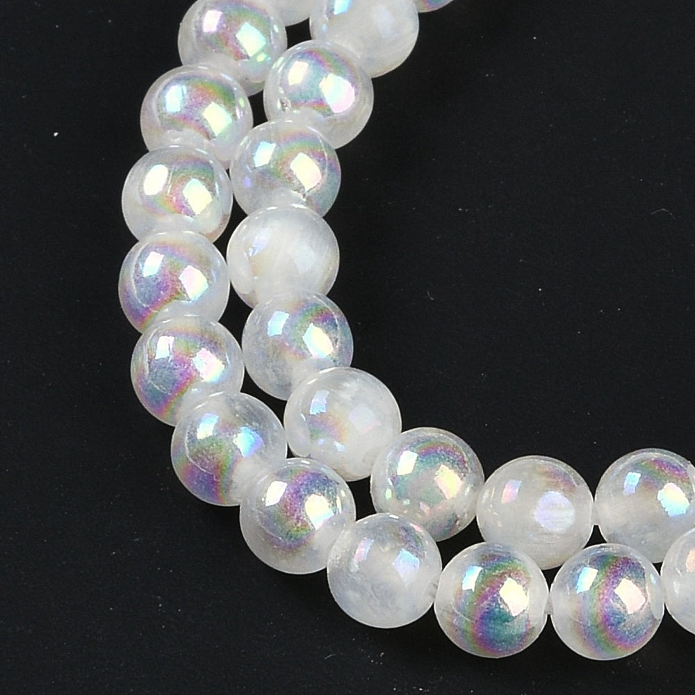 Electroplated Natural Selenite Beads Strands, Round, AB Color, White 8mm