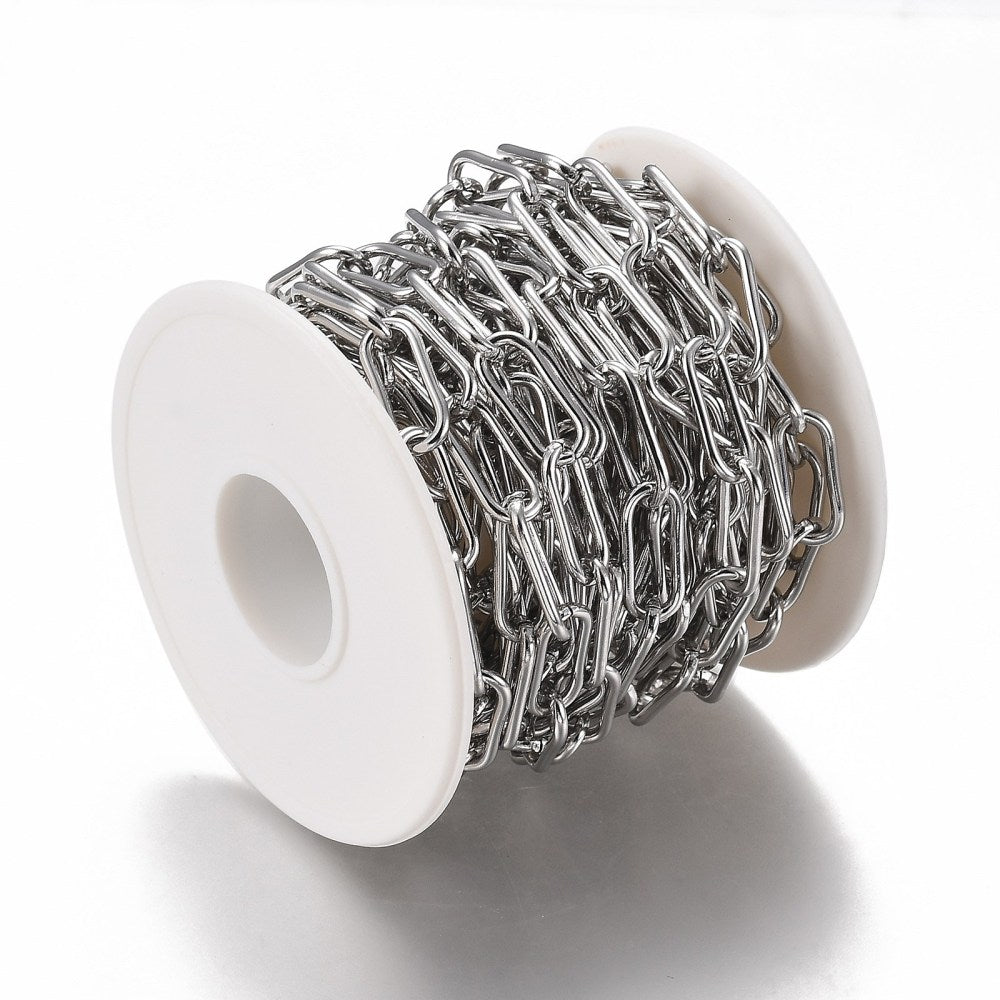 Tarnish Resistant 304 Stainless Steel Paperclip Chains, Drawn Elongated Cable Chains, with Spool, Unwelded, Stainless Steel Color SOLD BY THE METER