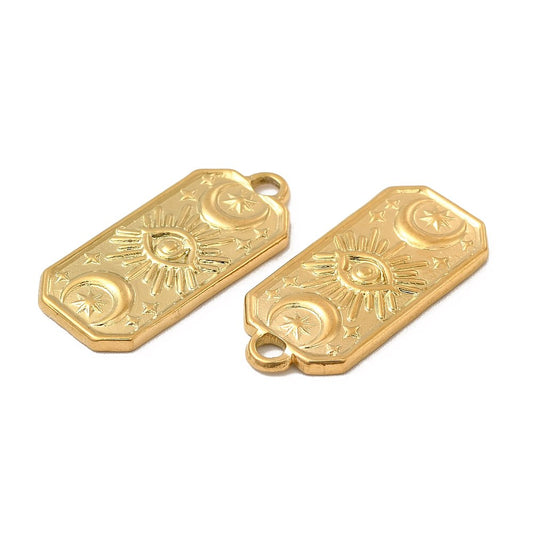Ion Plating(IP) 304 Stainless Steel Pendants, Rectangle with Eye & Moon & Star Charm Gold & Silver 2 Pack