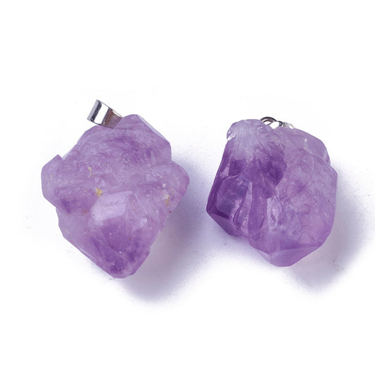 Natural Amethyst Pendants, with Brass Findings, Nuggets, Platinum 2 Pack