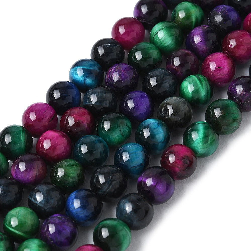 Natural Tiger Eye Beads Strands, Dyed; Heated, Round, Mixed Color 6mm & 8mm