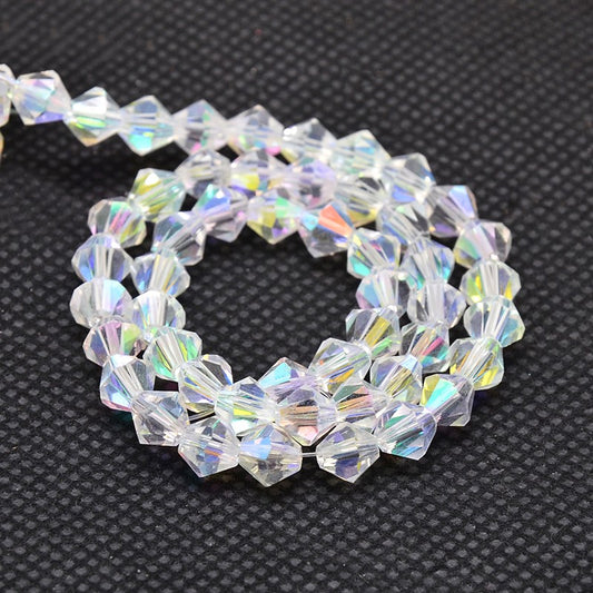 Imitatation Austrian Crystal Electroplate Bicone Glass Bead Strands, AB Color Plated, Grade AA, Faceted, AB Color Plated Size: about 3mm in diameter