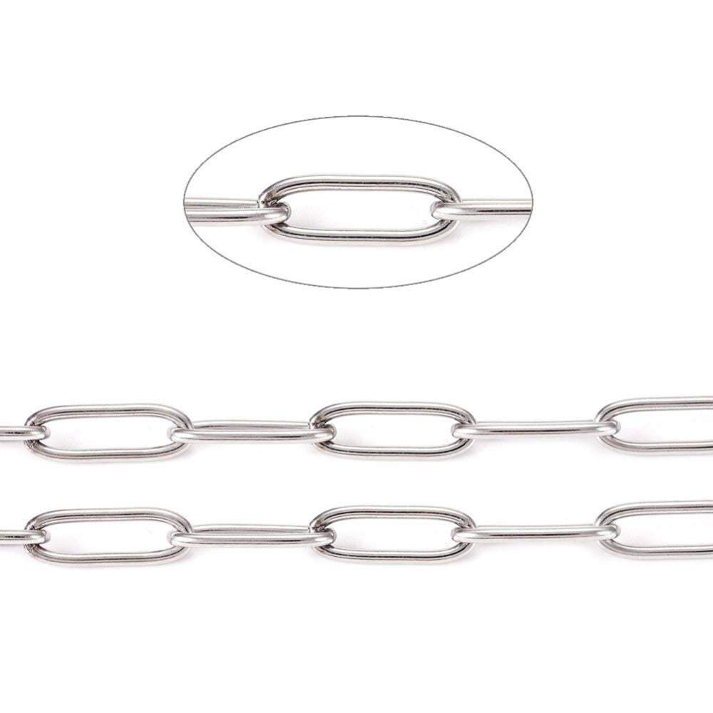 Tarnish Resistant 304 Stainless Steel Paperclip Chains, Drawn Elongated Cable Chains, Soldered, with Spool, Stainless Steel Color 10M ROLL