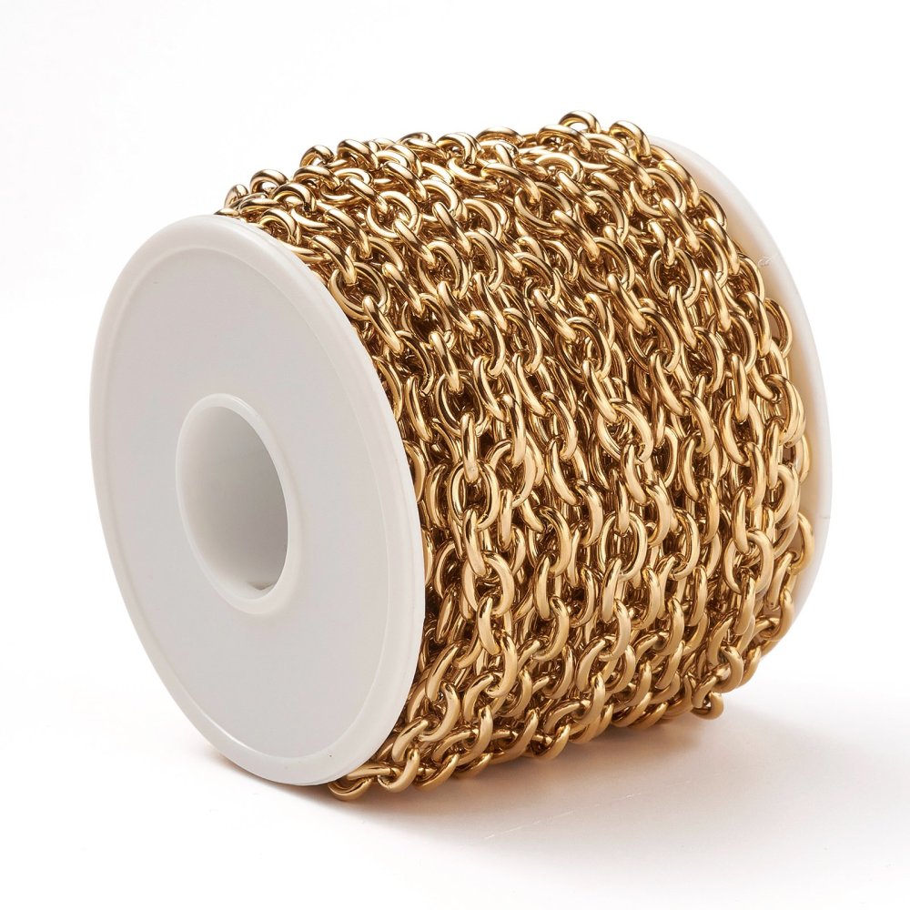 Ion Plating(IP) 304 Stainless Steel Cable Chains, Unwelded, with Spool, Real 18K Gold Plated Sold by the Meter