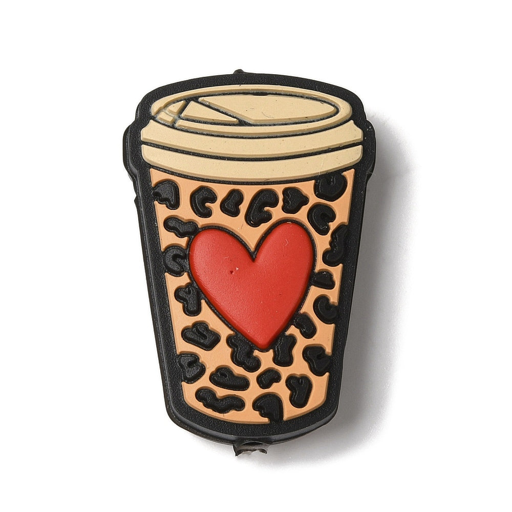 Heart Cow Printed Coffee Cup Mug Silicone Focal Beads, Sandy Brown