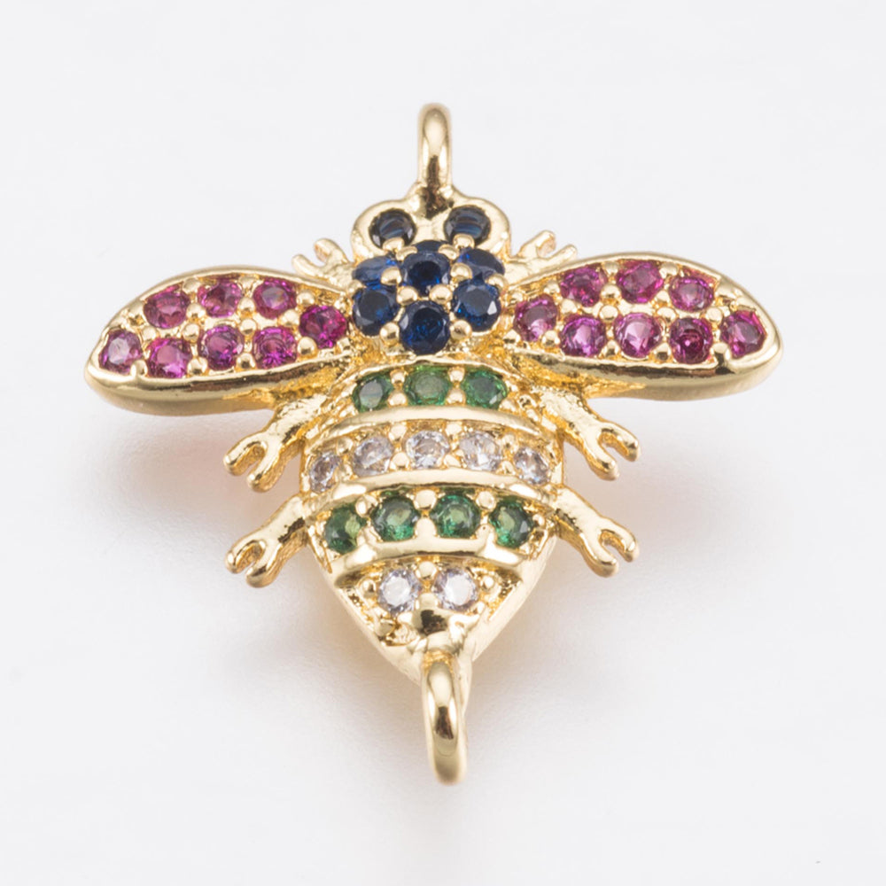 Brass Micro Pave Cubic Zirconia Links, Insect, Colorful, Golden