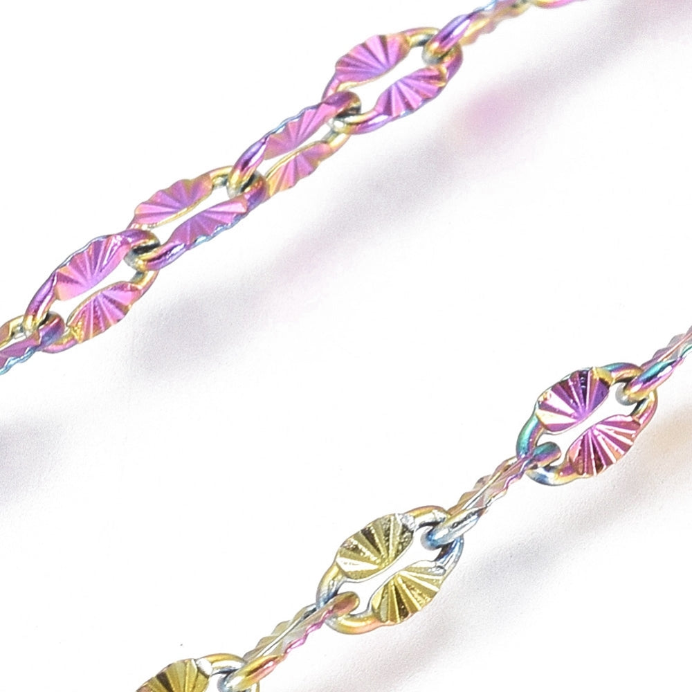 Ion Plating(IP) 304 Stainless Steel Textured Dapped Chains, Cable Chains, Soldered, Flat Oval, Rainbow Color SOLD BY THE METER
