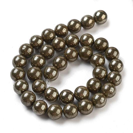 Natural Pyrite Round Beads Strands, Grade A 10mm