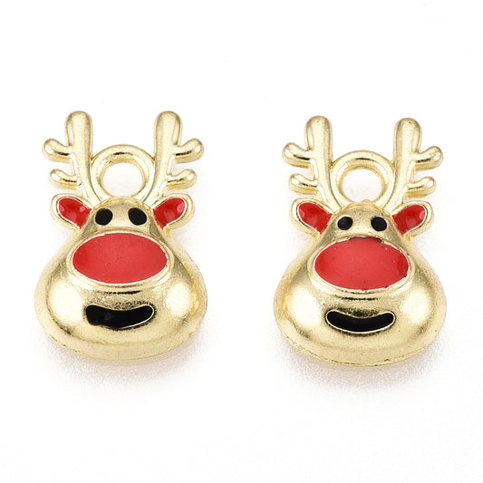 Golden-Plated Alloy Enamel Reindeer Charms – Red Nose Christmas Elk, 14×9×3mm, Hole: 2mm 5 Pack | The Pink Bead Shop