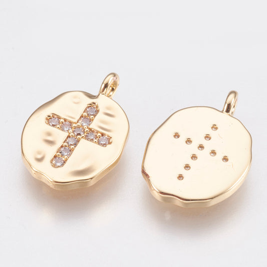 Brass Charms, with Micro Pave Cubic Zirconia, Oval with Cross, Clear, Nickel Free, Real 18K Gold Plated