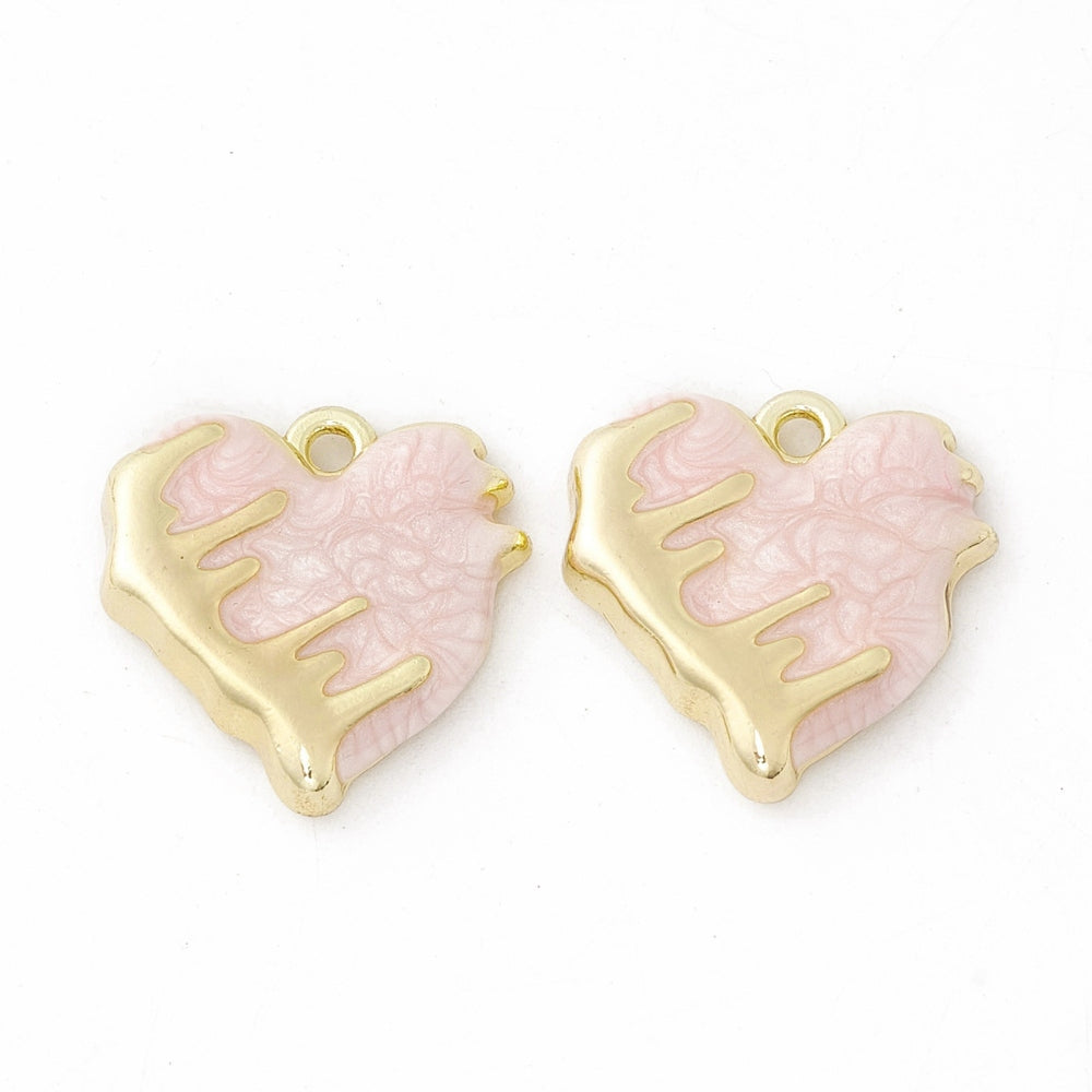 Alloy Enamel Pendants, Light Gold, Melting Heart Charm, Pink 4 Pack