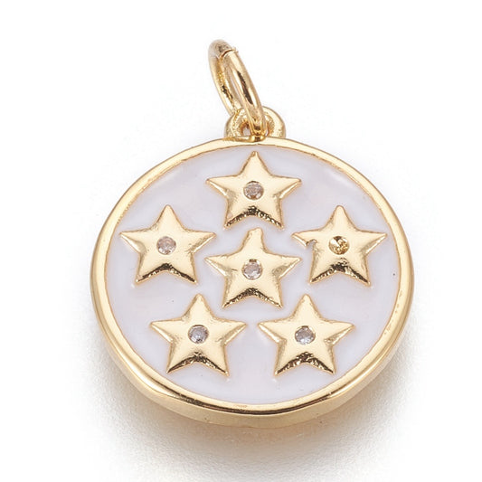 Brass Enamel Pendants, with Cubic Zirconia, Flat Round with Star, White, Golden