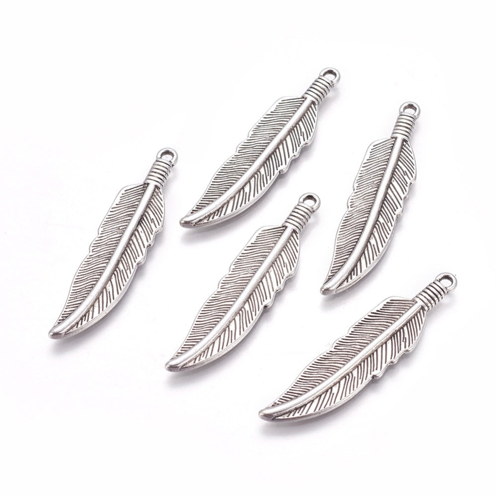 Tibetan Style Alloy Charms, Lead Free; Cadmium Free, Feather, Antique 2 Pack