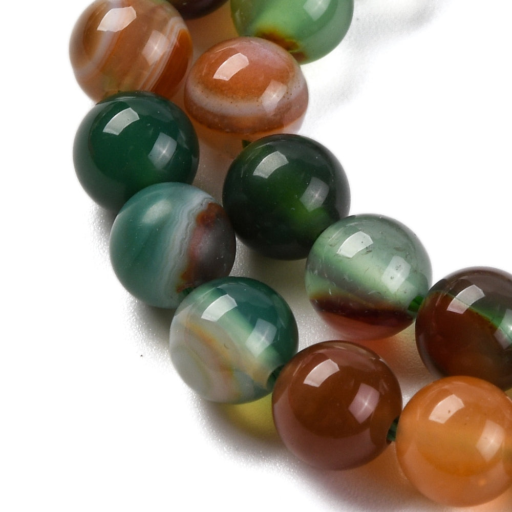 Natural Striped Agate/Banded Agate Beads Strands, Dyed, Round, Dark Green 6mm