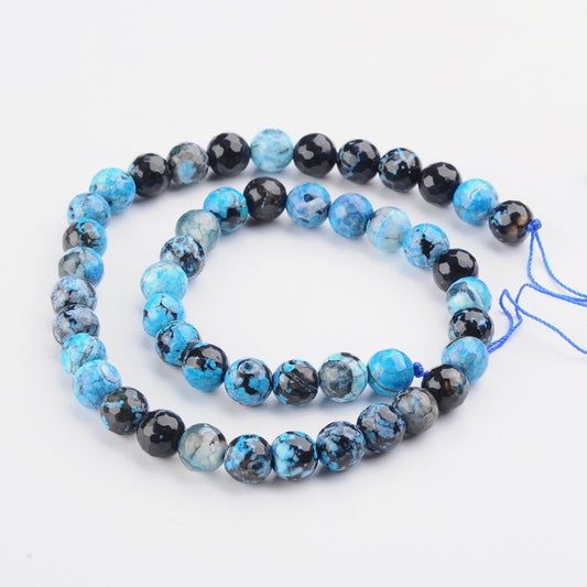 Faceted Round Dyed Natural Fire Crackle Agate Beads Strands, Deep Sky Blue 8mm