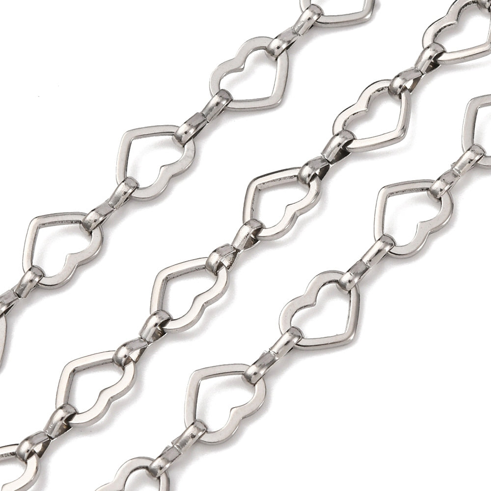 304 Stainless Steel Heart Link Chains, Unwelded, Stainless Steel Color Sold by the Meter