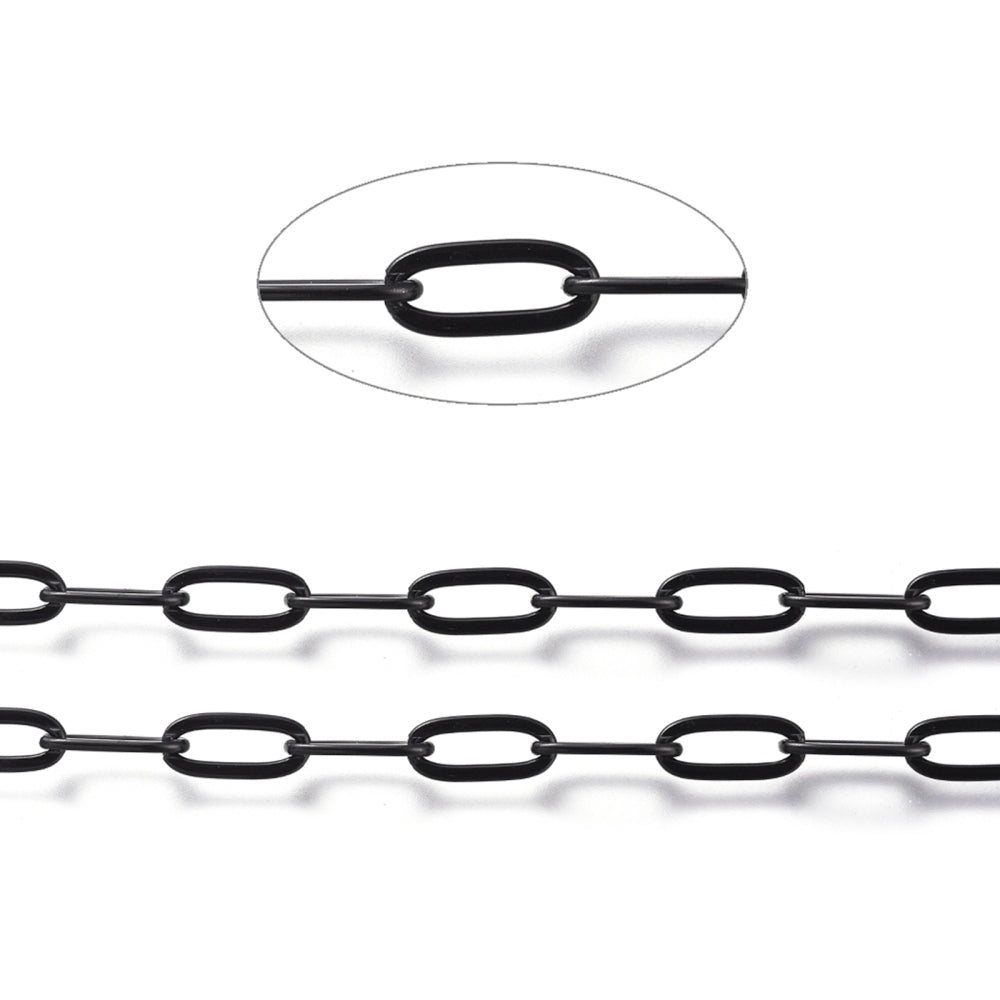 304 Stainless Steel Cable Chains, Paperclip Chains, Drawn Elongated Cable Chains, Soldered, with Spool, Electrophoresis Black SOLD BY THE METER