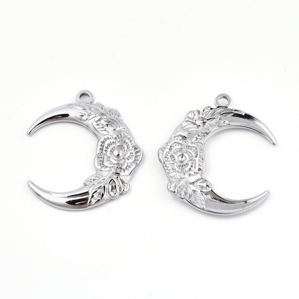 Ion Plating(IP) 201 Stainless Steel Pendants, Moon with Flower, Rainbow Color 2pack