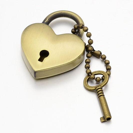 Heart Lock & Key Zinc Alloy Key Clasps, with Iron Ball Chain and Findings, Antique Bronze