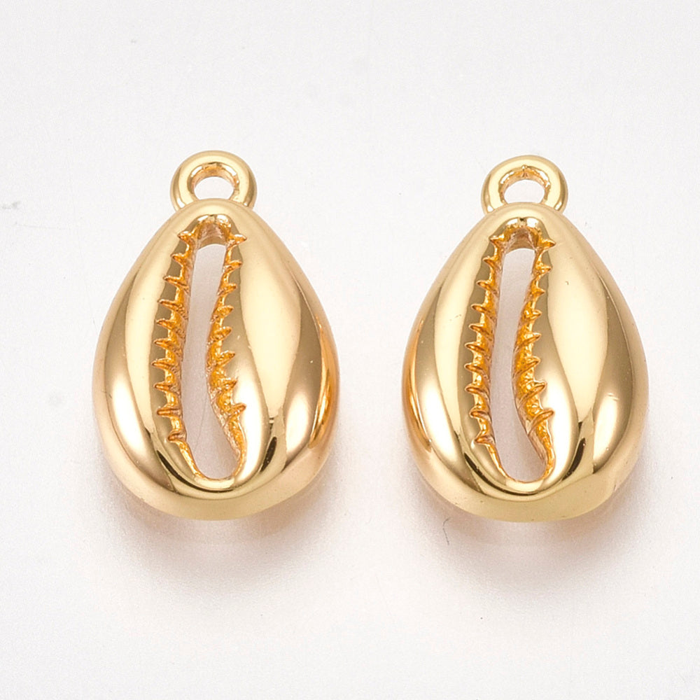 Brass Charms, Cowrie Shell Shape, Nickel Free, Real 18K Gold Plated 3PK