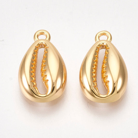 Brass Charms, Cowrie Shell Shape, Nickel Free, Real 18K Gold Plated 3PK