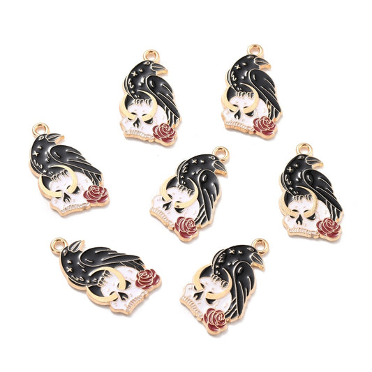 Alloy Enamel Pendants, Gothic Theme, Crow with Rose Flower & Skull, Black 2Pk