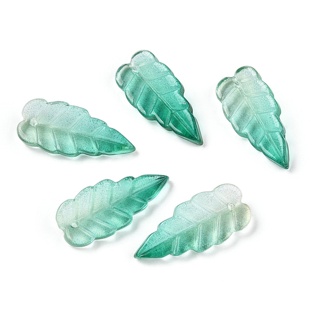Baking Painted Transparent Glass Petal Pendants, Leaf, Sea Green Bulk 20pieces