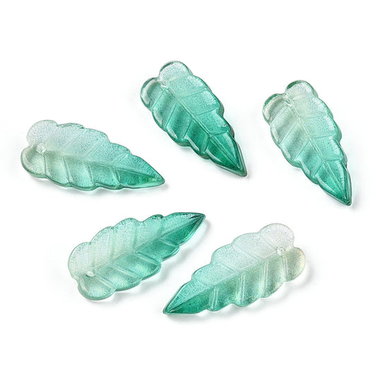 Baking Painted Transparent Glass Petal Pendants, Leaf, Sea Green Bulk 20pieces