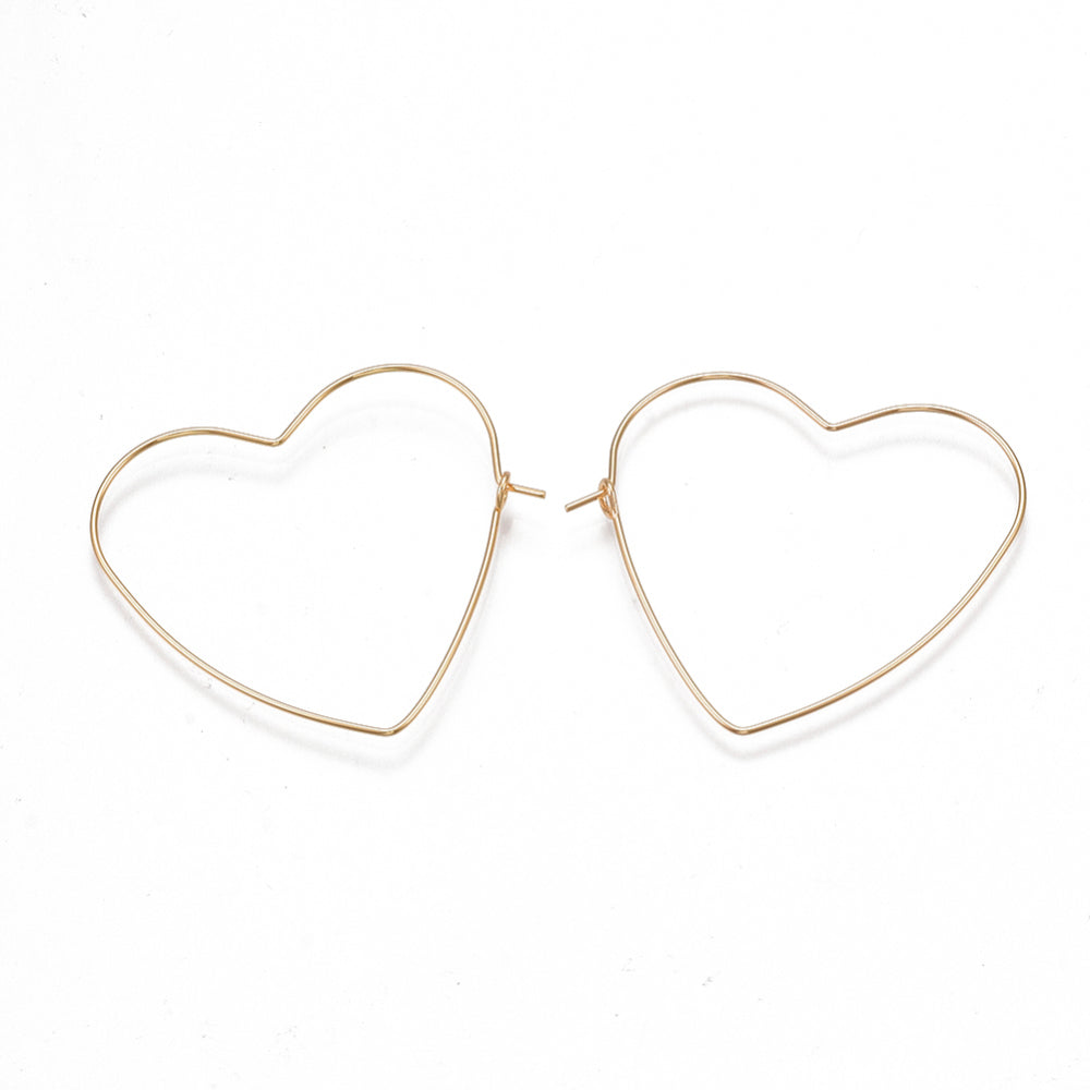 Brass Earring Hooks, Heart, Nickel Free, Real 18K Gold Plated 1 PAIR