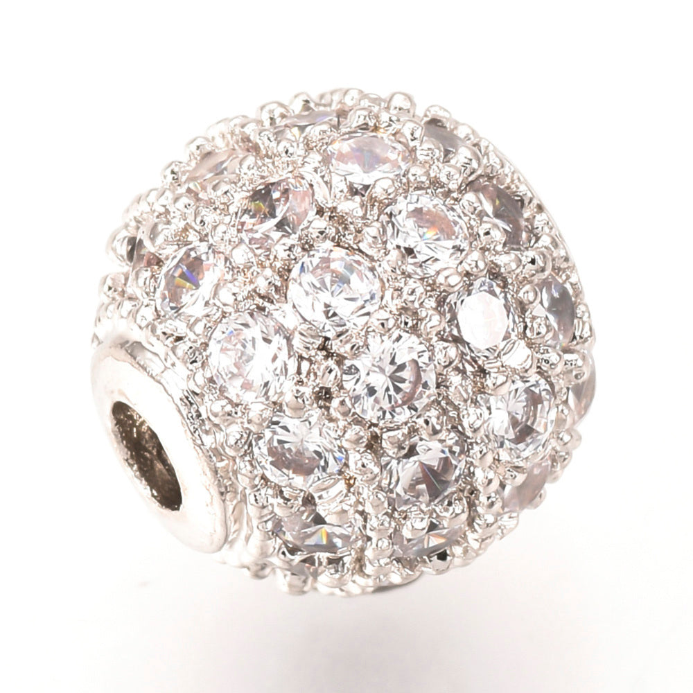 Brass Micro Pave Cubic Zirconia Beads, Round, Clear, Platinum 2 Pk