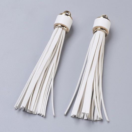 PU Leather Cord Tassel Big Pendants, with Plastic Clasps, White