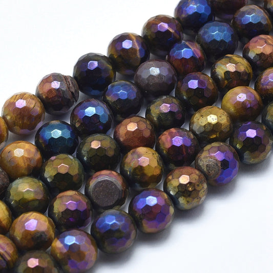 Electroplated Natural Tiger Eye Beads Strands, Round, Faceted, 8mm
