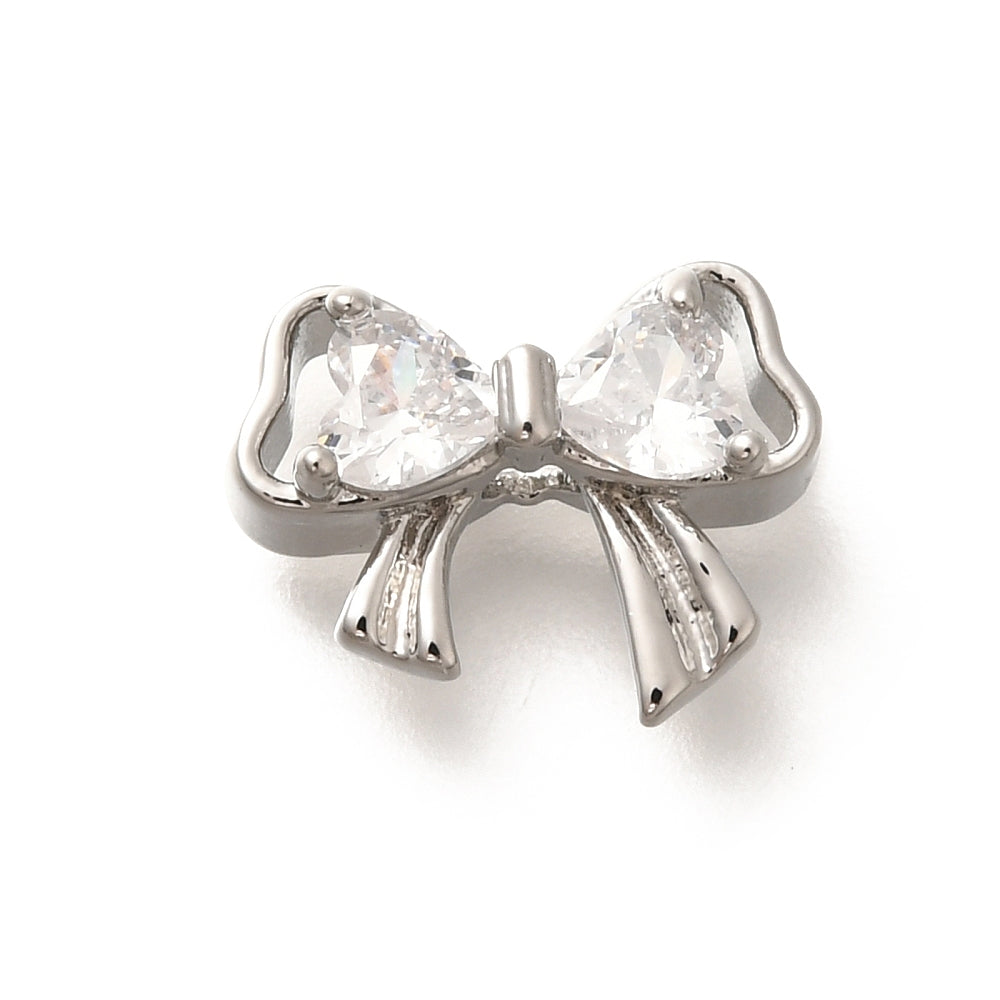 Brass Micro Pave Cubic Zirconia Beads Bowknot 925 Silver Plated, 18k Gold Plated, Platinum Plated
