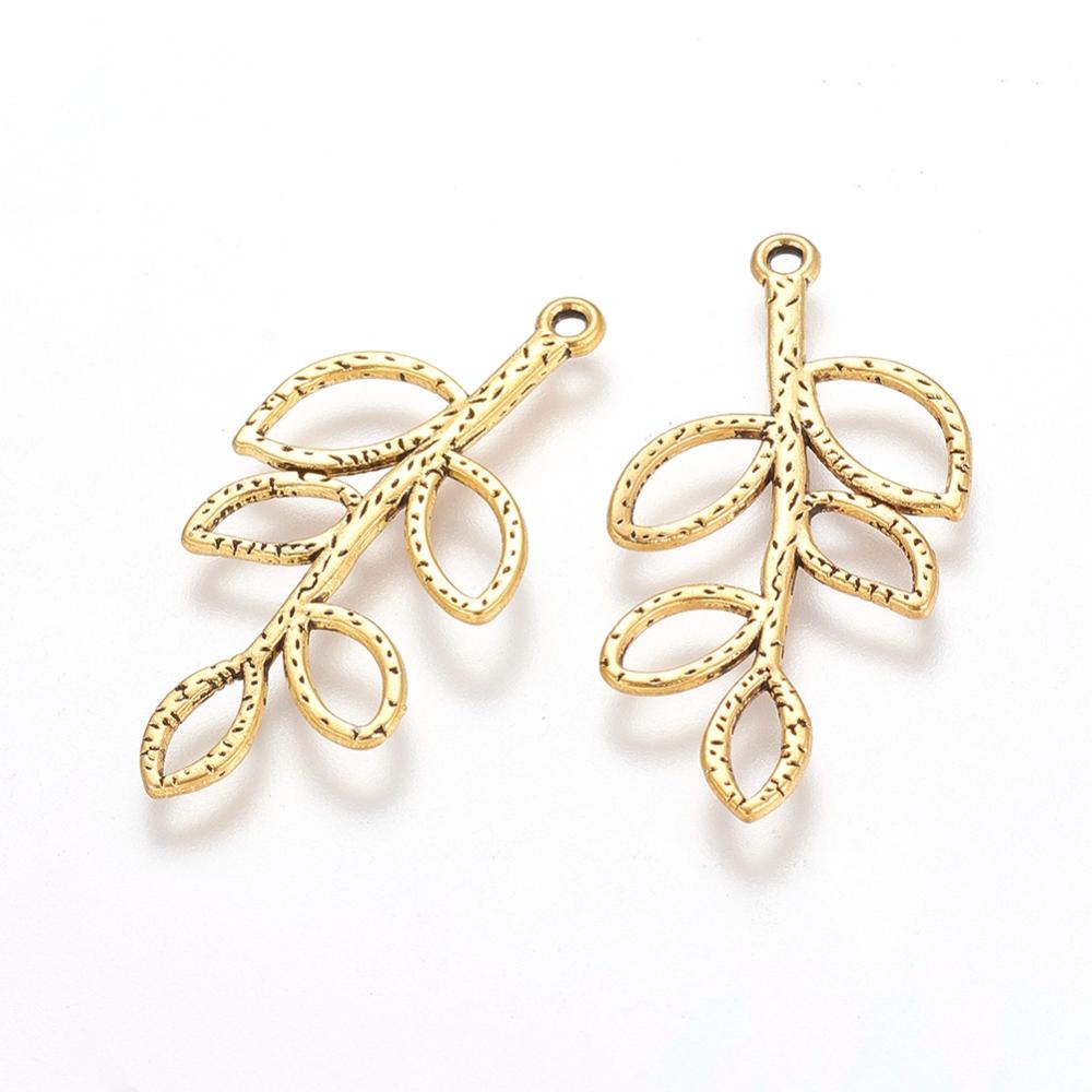 Tibetan Style Alloy Pendants, Lead Free & Cadmium Free, Leaf, Antique Golden 4 Pack
