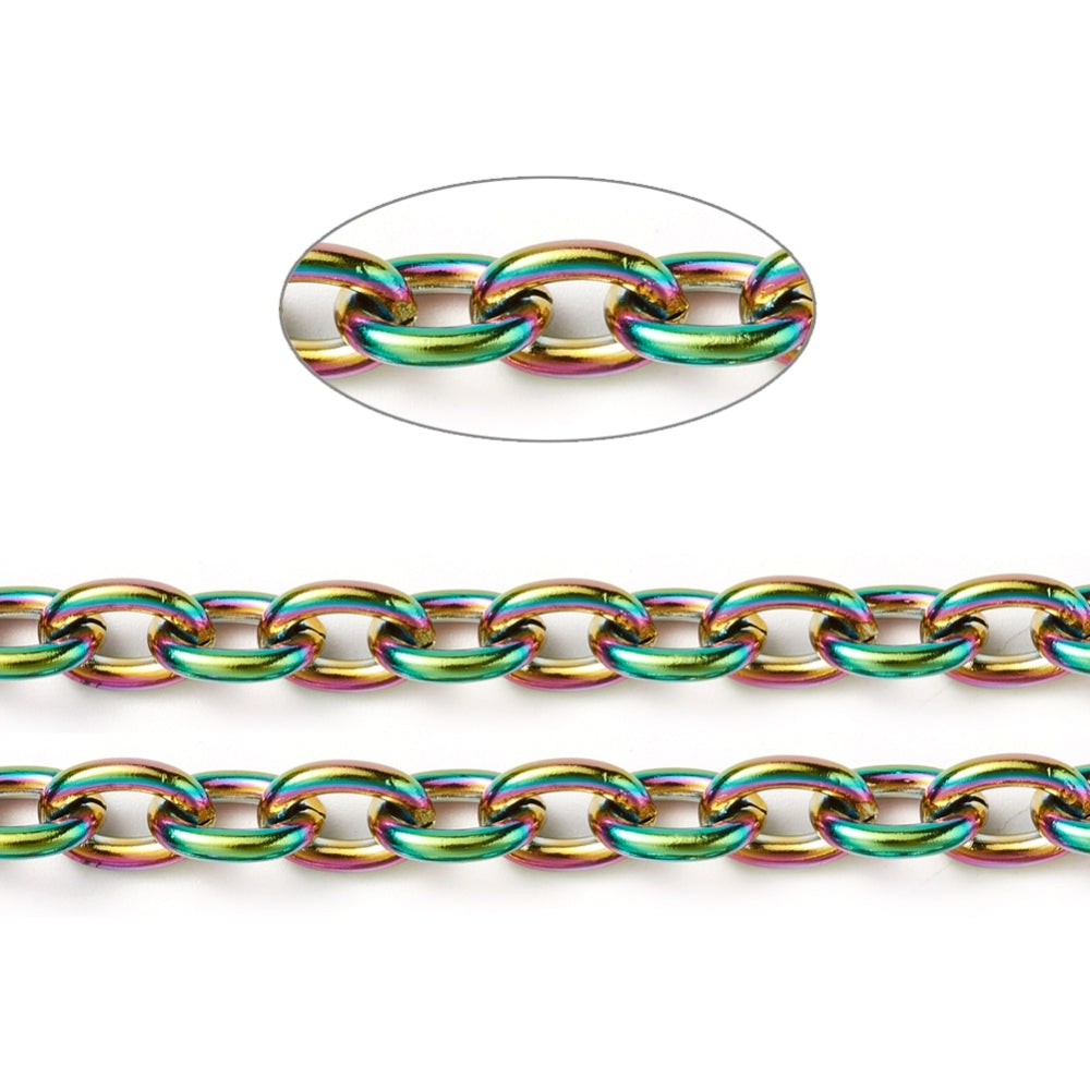 Ion Plating(IP) 304 Stainless Steel Cable Chains, Unwelded, with Spool, Rainbow Color Sold by the meter