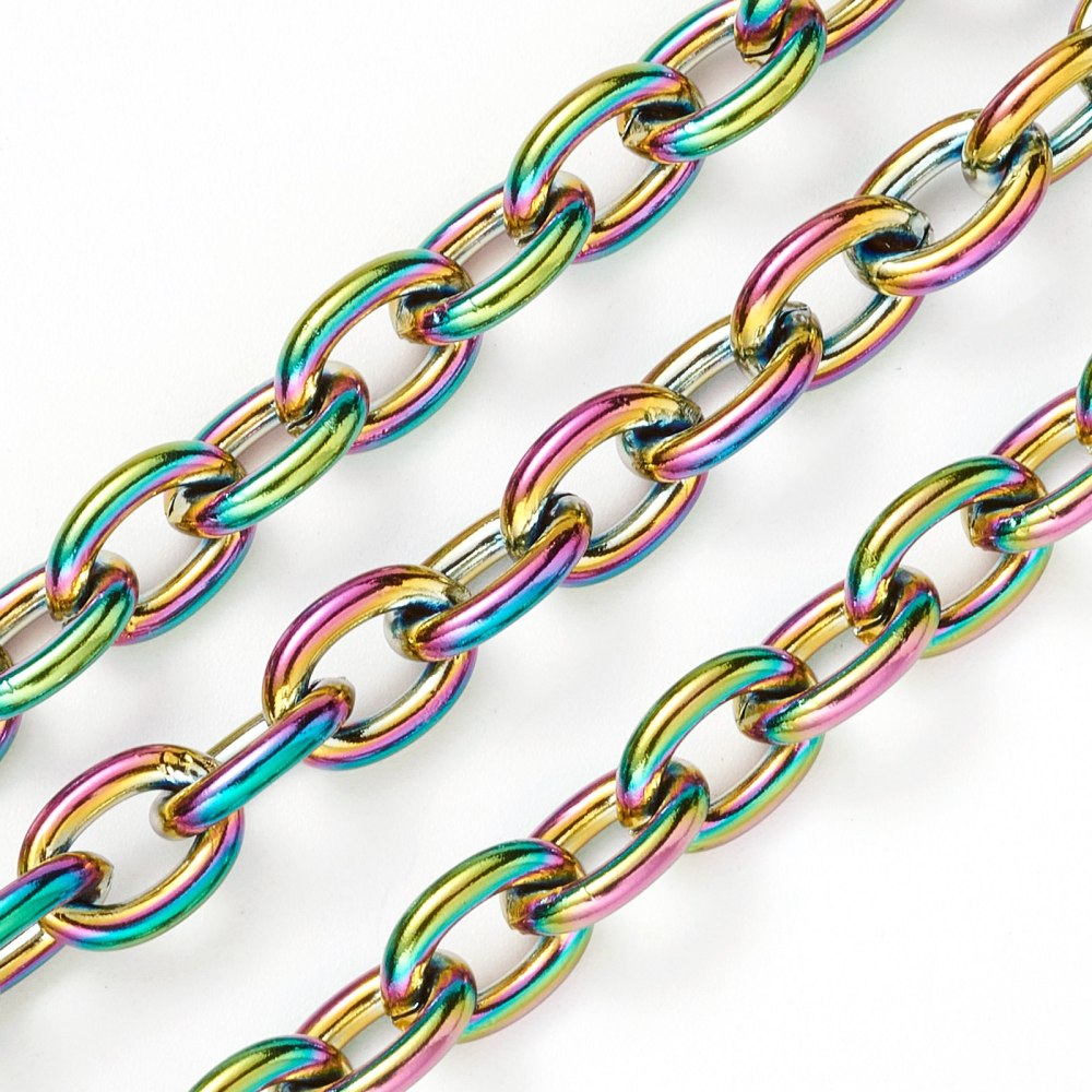 Ion Plating(IP) 304 Stainless Steel Cable Chains, Unwelded, with Spool, Rainbow Color Sold by the meter