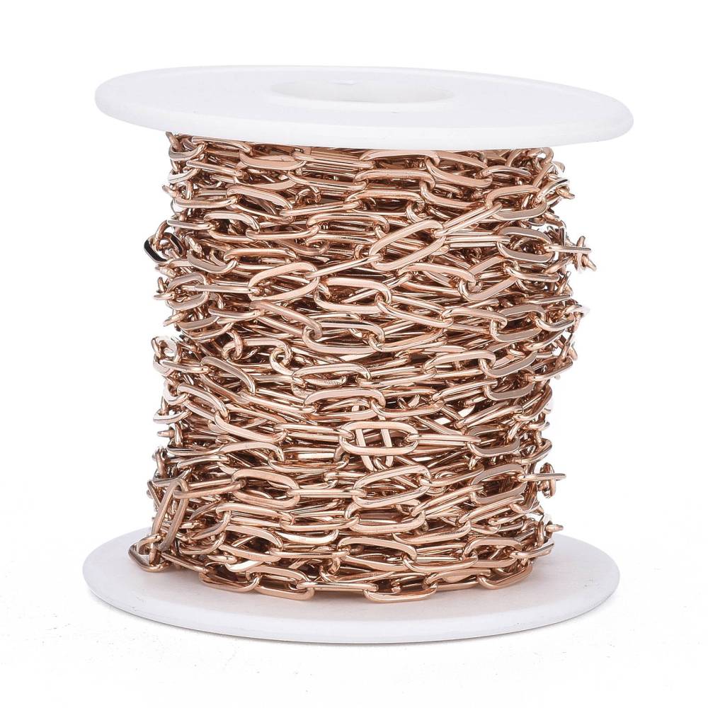 Ion Plating(IP) 304 Stainless Steel Cable Chains, Paperclip Chains, Drawn Elongated Cable Chains, Soldered, with Spool, Rose Gold SOLD BY THE METER