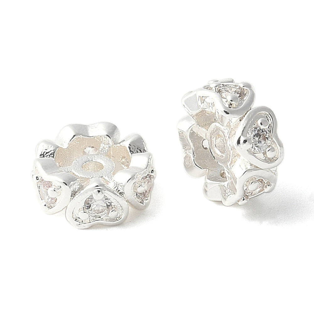 Brass Micro Pave Clear Cubic Zirconia Wheel Beads, Heart, Real 18K Gold Plated and Silver 2Pk
