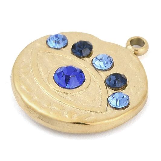 304 Stainless Steel Rhinestone Pendants, Flat Round with Eye Charm, Real 14K Gold Plated