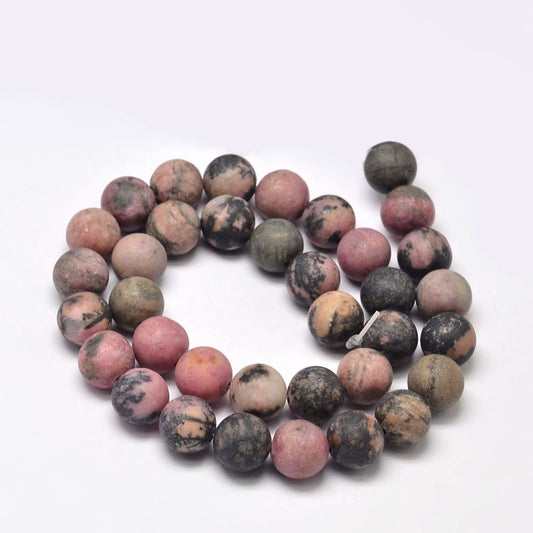 Frosted Natural Rhodonite Round Bead Strands 10mm