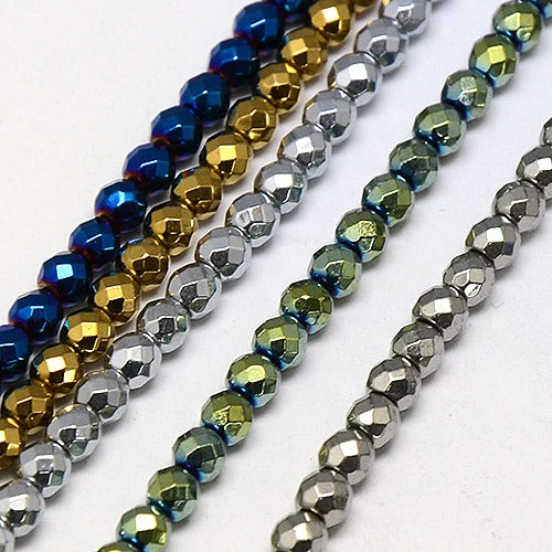 Electroplate Hematite Beads Strands, Faceted, Frosted, Round, Grade A, Mixed Color Size: about 4mm