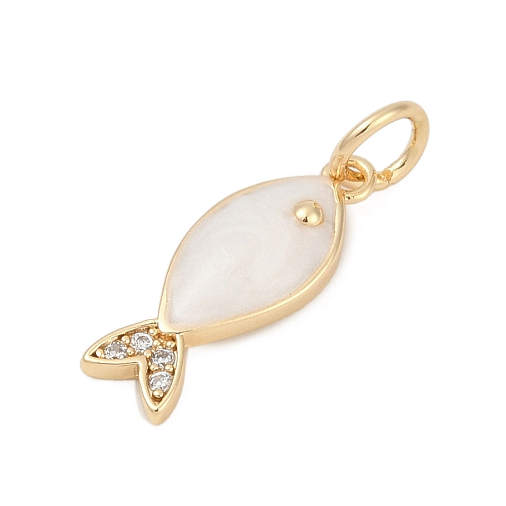 Brass Micro Pave Cubic Zirconia and Enamel Pendants, Fish, with Jump Ring, Real 18K Gold Plated