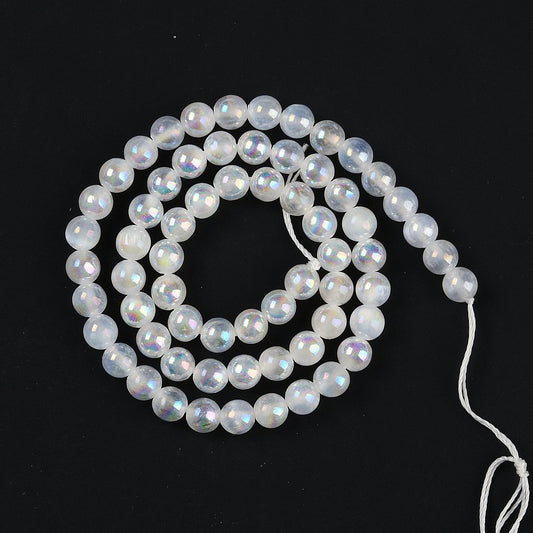 Electroplated Natural Selenite Beads Strands, Round, AB Color, White 8mm