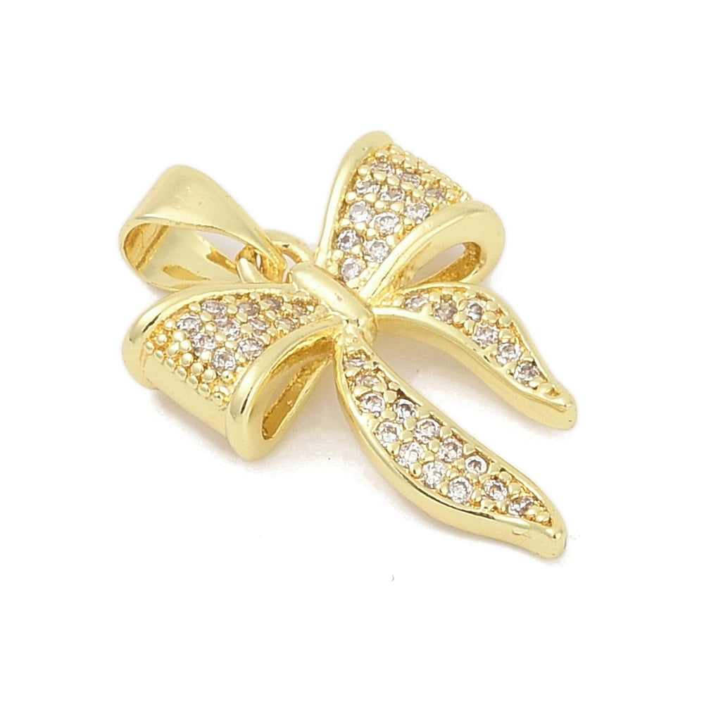 Brass Micro Pave Cubic Zirconia Pendants, Bowknot, Lead Free, Cadmium Free, Long-Lasting Plated, Rack Plating, Real 18K Gold Plated
