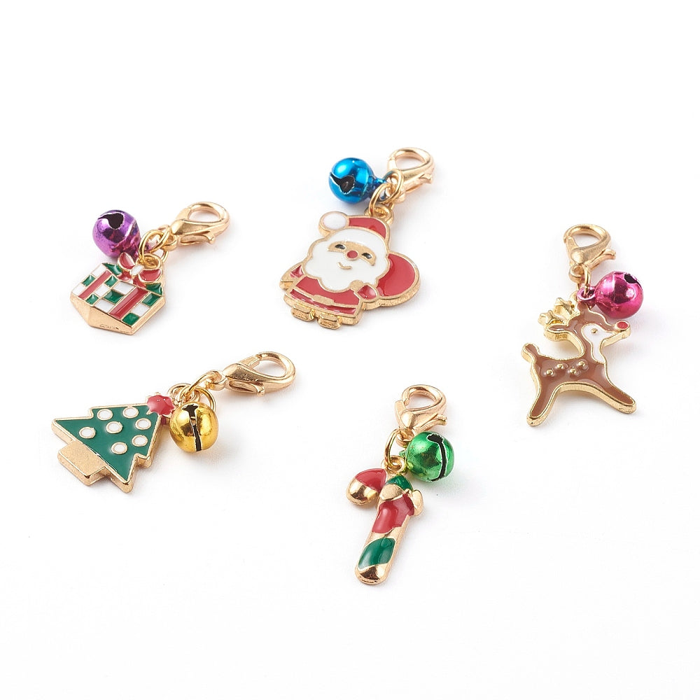 Christmas Enamel Alloy Pendants – Santa, Reindeer, Tree, Candy Cane & Gift Charms with Lobster Clasps 5 Pack The Pink Bead Shop