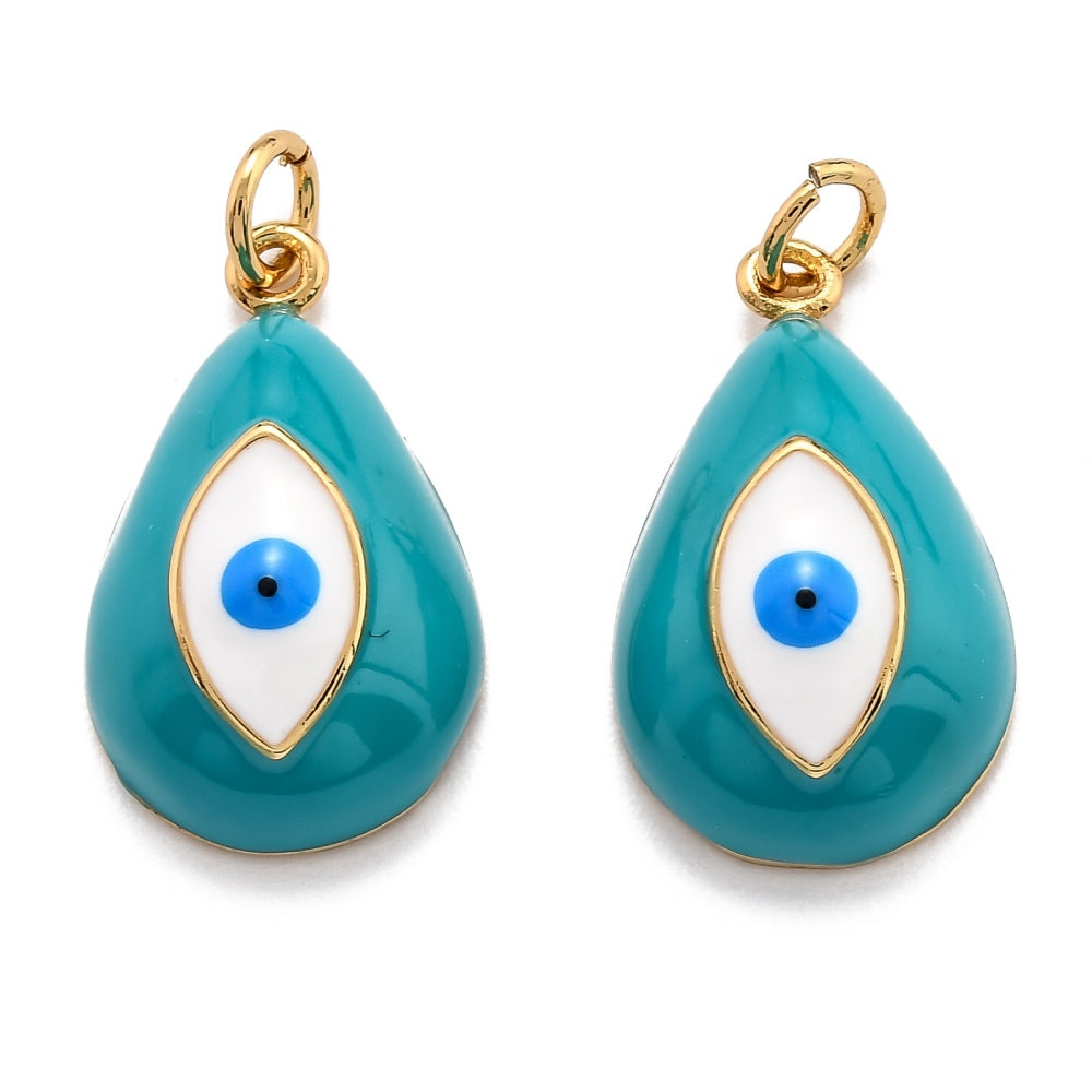 Brass Enamel Pendants, Real 18K Gold Plated, Long-Lasting Plated, Teardrop with Evil Eye, Dark Turquoise