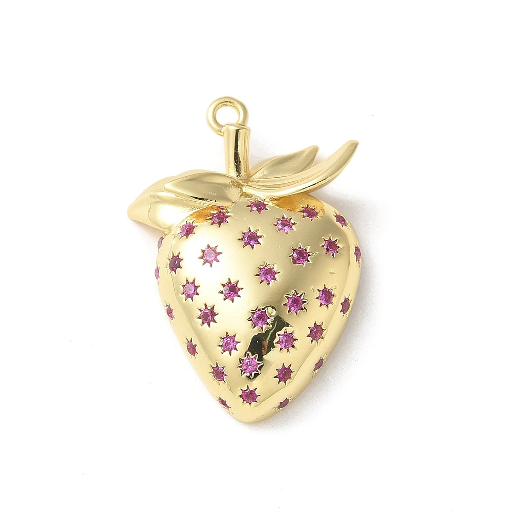 Brass Micro Pave Cubic Zirconia Pendants, Strawberry Charms 18k Gold Plated & Platinum Plated